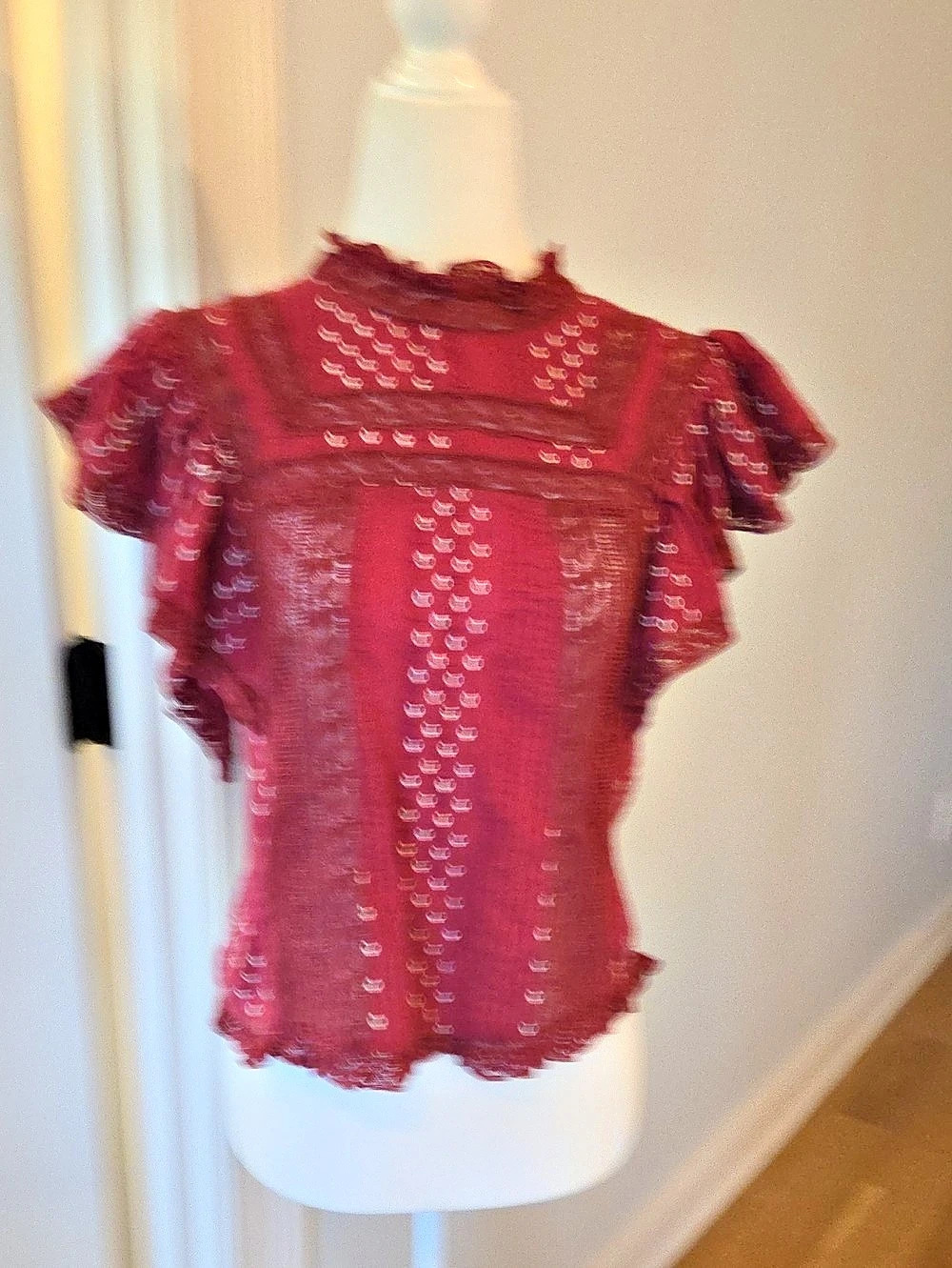 LoveShackFancy Red Eyelet Ruffle Blouse Size XXS Like New